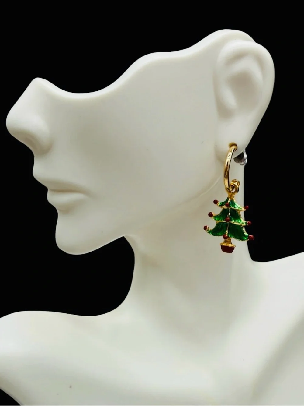 Vintage Christmas Tree Hoop Dangle Earrings- Red & Green Enameled Trees on Gold